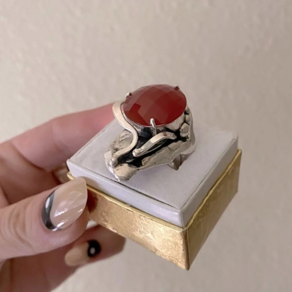 Sterling Silver Large Carnelian Stone Ring - Picture 3 of 16